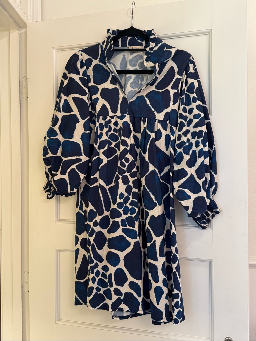 Blue and White Italian Giraffe Print Mini Dress with Puffy Sleeves